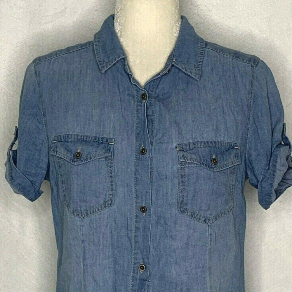 Wax Jean Chambray Shirt M Blue Collared Button Front Roll Tab Sleeves Pockets